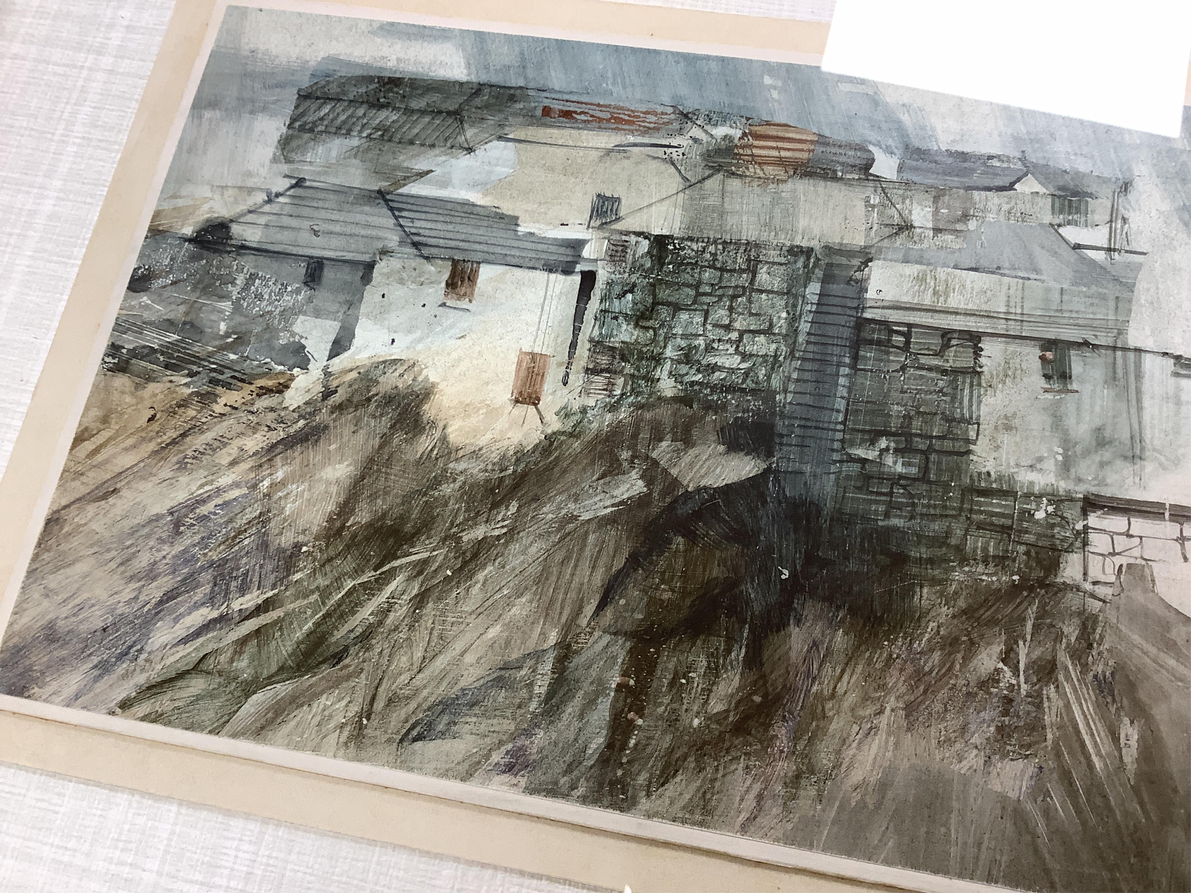 Frederick Donald Blake RI, RSMA (Scottish, 1908-1997), Study of buildings, signed, The Furneaux Gallery label verso, mixed media, 17 x 46cm